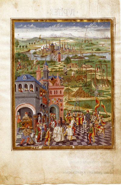 Scène de torture et de condamnations dans une ville médiévale. Influences de Saturne (miniature, vers 1470) - Cristoforo De Predis