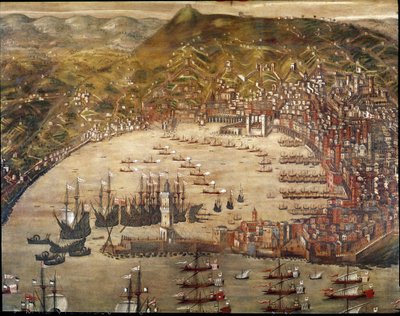 Vue de la ville et du port de Gênes, avec des navires y entrant (huile sur toile) - Cristoforo Grassi or Grasso