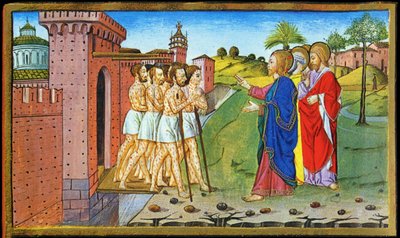 Jésus et les lépreux. Miniature de Cristoforo par Predis - dans Historia del nuovo testamento - Cristoforo De Predis