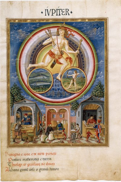 Jupiter avec les signes du zodiaque des poissons et du Sagittaire. Marchands vendant divers articles. (miniature, vers 1470) - Cristoforo De Predis