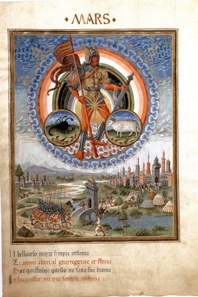 Mars avec les signes du zodiaque du scorpion et du bélier. Les scènes de bataille. (miniature, vers 1470) - Cristoforo De Predis