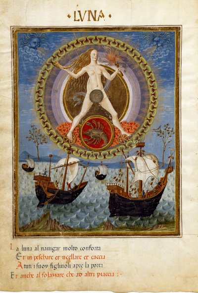 Lune avec le signe du zodiaque du cancer. Bateaux pendant la marée montante (miniature, vers 1470) - Cristoforo De Predis