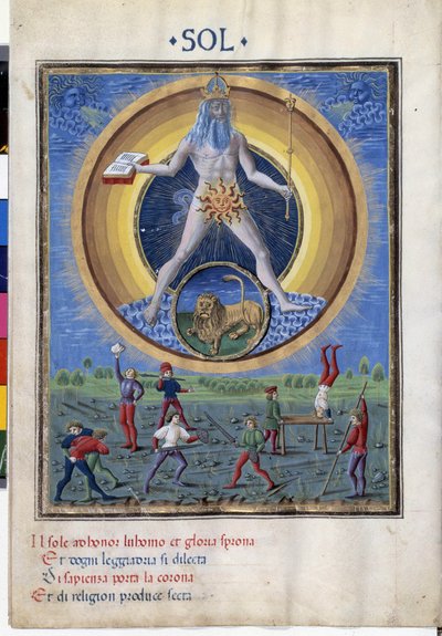 Soleil avec le signe du zodiaque du lion. En bas, scènes d