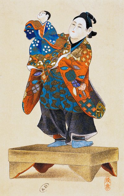 Marionnettiste avec marionnette, théâtre de marionnettes, estampe ukiyo-e, reproduction de gravure sur bois, civilisation japonaise, période Edo - Culture Edo