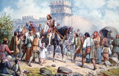Charles IV saluant les gens ordinaires lors de son expansion des fortifications de Prague en 1361, carte postale du début du XXe siècle - Czech School
