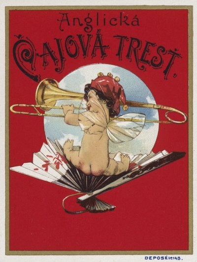 Étiquette de produit représentant un chérubin jouant du trombone - Czech School