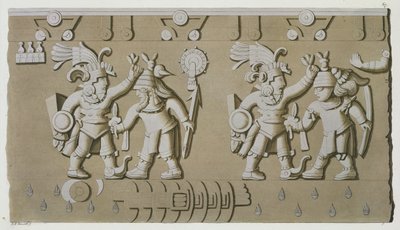 Bas-Relief de Guerriers Aztèques Anciens, de la Pierre de Tizoc Commemorant un Souverain Tenant ses Captifs par la Tête - D.K. Bonatti