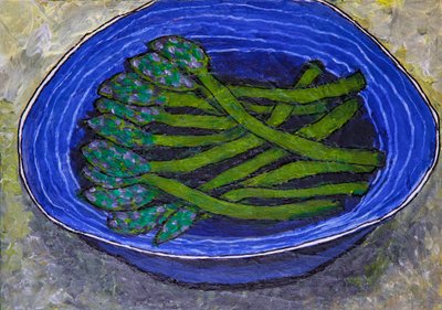 Asperges vertes dans un bol bleu - Dale Hefer & Family