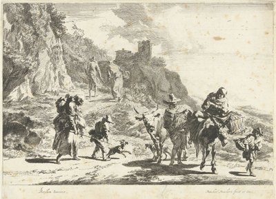 Femme sur un âne chargé, homme avec une vache et autres voyageurs dans un paysage montagneux (Paysages du Sud) - Dancker Danckerts