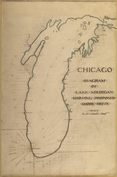 Planche 35 du Plan de Chicago 1909 : Chicago, et Diagramme du Lac Michigan. Route proposée - Daniel Burnham
