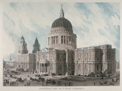 Vue sud-est de la Cathédrale Saint-Paul avec des figures et des carrosses à l