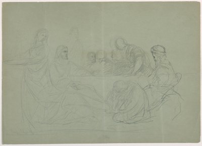 Dessin, Marie lavant les pieds du Christ, plusieurs hommes assis à une table ; verso : notes, 1852 - Daniel Huntington