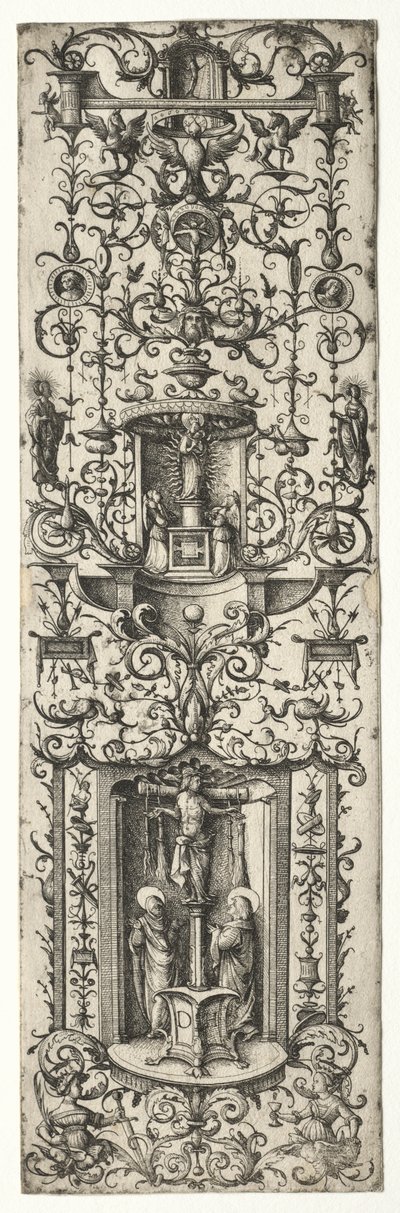 Filet ornemental avec la crucifixion et la vierge à l