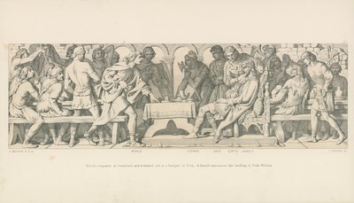 Harold conquérant à Stamford, et blessé, assis à un banquet à York. Un héraut annonce le débarquement du duc Guillaume - Daniel Maclise