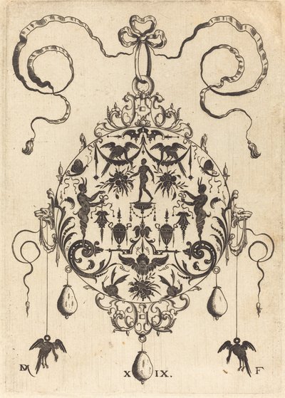 Grand pendentif, en forme circulaire, homme nu flanqué de deux hermès - Daniel Mignot