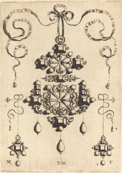 Pendentif avec deux doubles croix, entouré de quatre pierres en forme de losange, cinq pierres de table et treize perles - Daniel Mignot