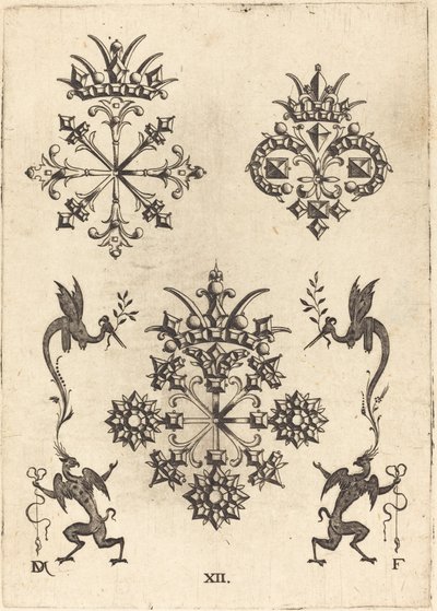 Trois broches avec des serpents ailés à gauche et à droite et des griffons ailés en bas - Daniel Mignot