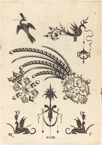Deux broches avec oiseau et serpent ailé en haut et griffons avec vases en bas - Daniel Mignot