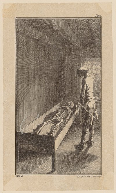 Bunkel observe le squelette de John Orton, feuille 4 tirée de « Vie, remarques et opinions de Johann Bunkel » - Daniel Nikolaus Chodowiecki