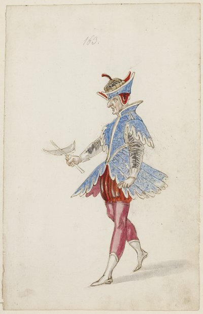 Figure masculine en costume bleu et rouge du Ballet des quatre saisons de l