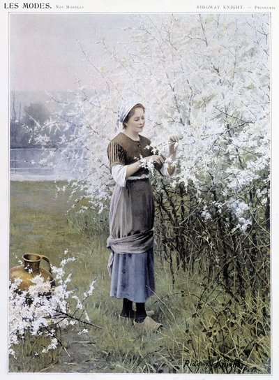 Printemps : Femme cueillant des fleurs - ill. par R. Knight, vers 1905 - Daniel Ridgway Knight