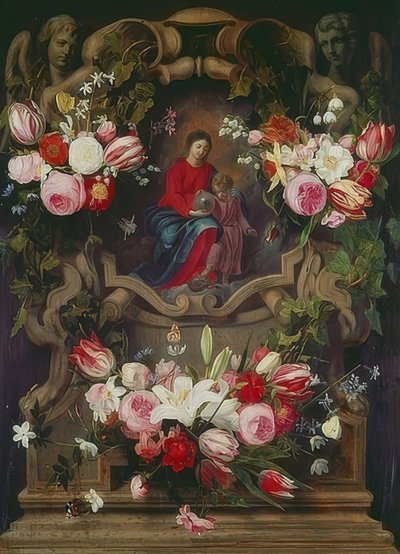 Couronne de fleurs avec la Vierge et l