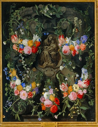 Madone dans une couronne de fleurs (huile sur toile) - Daniel Seghers