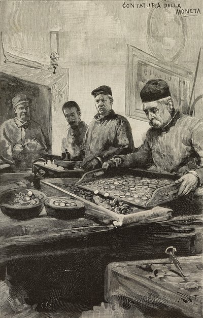 Comptage des pièces dans la monnaie de Rome, Italie, gravure d