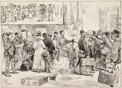 Fumigation contre le choléra à la gare, apprenti sur vélocipède, Rome, Italie, gravure d