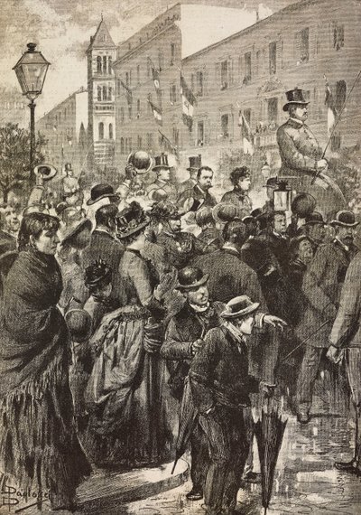 Le roi Umberto I et la reine Margherita revenant de leur visite à Naples frappée par le choléra, Rome, Italie, gravure d