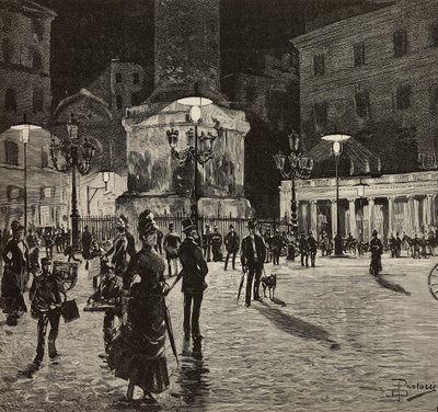 Piazza Colonna illuminée par la lumière électrique, Rome, Italie, dessin de Dante Paolocci, gravure de L