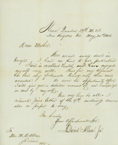 Lettre signée David Allan, Jr., Quartier Général 29e M.V.I., près de Kingston, Ga., à sa mère Mme M.A. Allan, St. Louis, Mo., 20 mai 1864 - David Allan