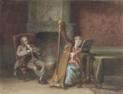 Intérieur avec une fille jouant de la harpe et un homme assis regardant - David Bles