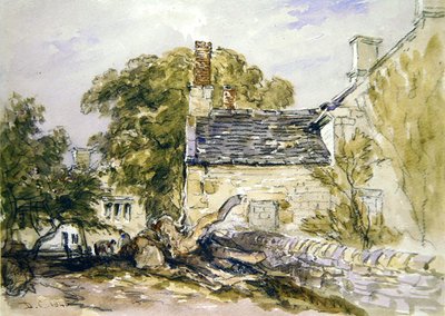 Figures devant un vieux cottage en pierre - David Cox