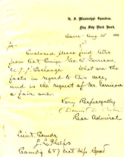 Lettre de David D. Porter, U. S. S. Black Hawk, Le Caire, Illinois, à Seth Ledyard Phelps, 25 août 1863 - David D. Porter