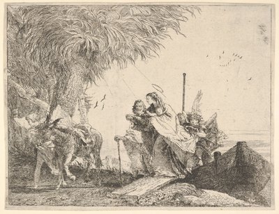 Marie, aidée par Joseph et un ange, descendant d