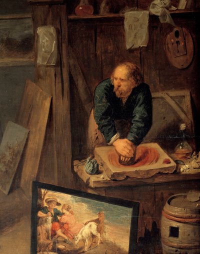 Atelier de peintre avec modèle posant et broyeur de couleurs (détail). Peinture par David III Ryckaert - David III Ryckaert