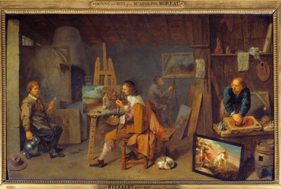 Atelier du peintre avec modèle posant et broyeur de couleurs. Peinture de David III Ryckaert (1612-1661) - David III Ryckaert