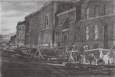 Londres : Aube à la prison de Newgate (lithographie en couleur) - David Muirhead (after) Bone