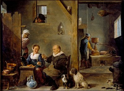 Une distillerie avec un vieil homme achetant du gin à une femme - David Teniers II