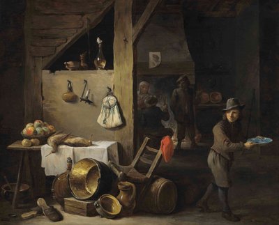 Intérieur de cuisine avec un jeune garçon et trois personnages en train de boire et de fumer - David Teniers the Younger