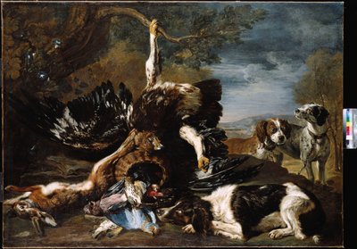 Un épagneul, un aigle, un lièvre et un panier en osier avec un geai, des pinsons et d