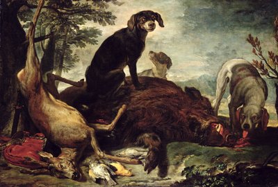 Chiens avec sanglier et cerf abattus - David de Coninck