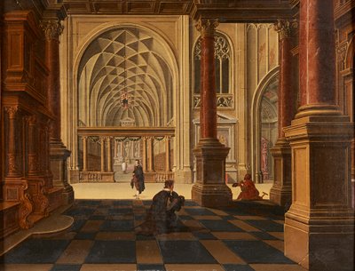 Figures conversant sur un chemin, ruines d