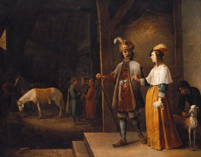 Une dame et un gentleman entrant dans une écurie - David Teniers the Younger