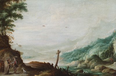 Un paysage fluvial montagneux avec une diseuse de bonne aventure (huile sur panneau) - David the Younger Teniers