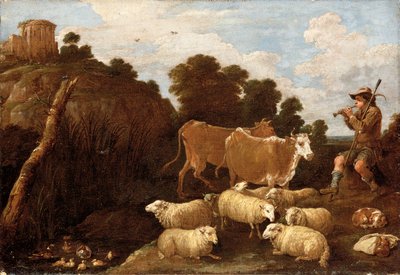 Paysage fluvial avec un berger jouant de la flûte avec des ruines classiques sur une colline au-delà - David Teniers the Younger