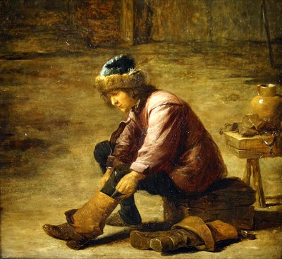 Un jeune homme enfilant une botte - David Teniers the Younger