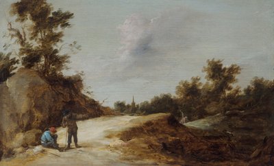 Paysans se reposant sur un chemin dans un paysage rocheux et boisé - David Teniers the Younger