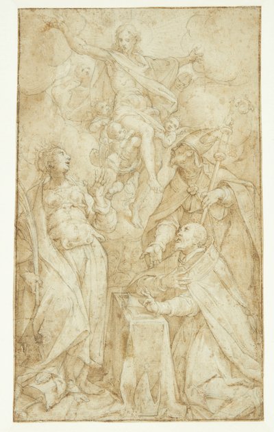 Christ dans les nuages, porté par des anges, apparaissant à un évêque à un pupitre de lecture, un évêque saint (Saint Augustin ?) et Catherine d